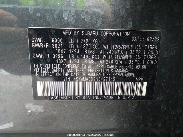 Subaru Ascent Premium 2022 4S4WMAED9N3427145 Image 10