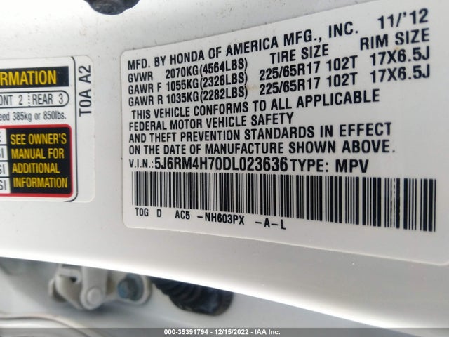 2013 HONDA CR-V EX-L VIN: 5J6RM4H70DL023636