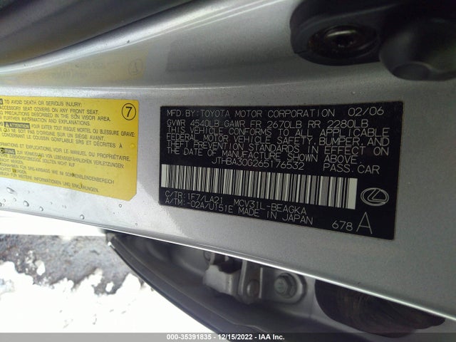 2006 LEXUS ES 330 VIN: JTHBA30G265176532