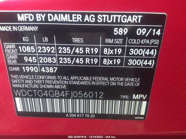 2015 Mercedes-Benz GLA-Class, VIN: WDCTG4GB4FJ056012