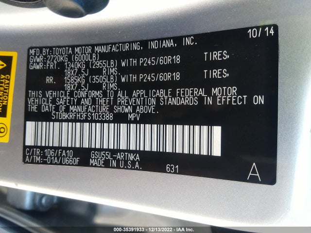 2015 TOYOTA HIGHLANDER LE VIN: 5TDBKRFH3FS103388