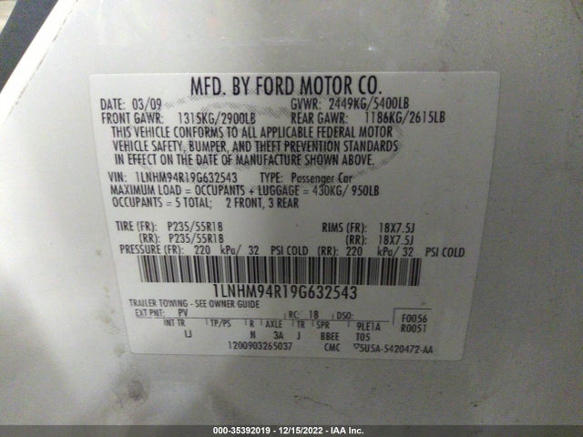 2009 LINCOLN MKS VIN: 1LNHM94R19G632543