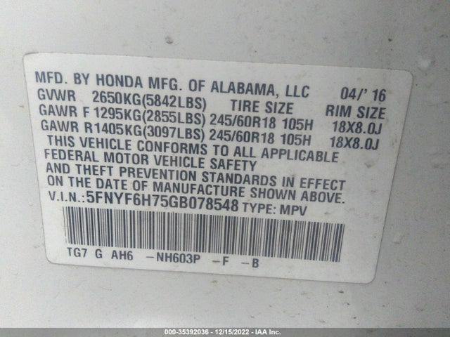 Honda Pilot Ex-l 2016 5FNYF6H75GB078548 Image 9