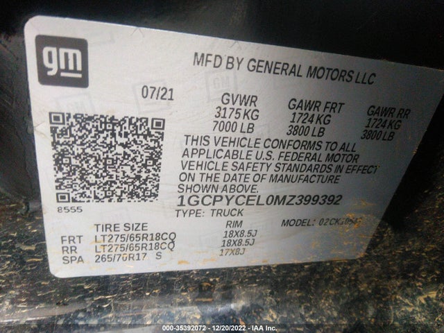 2021 CHEVROLET SILVERADO 1500 CUSTOM TRAIL BOSS VIN: 1GCPYCEL0MZ399392