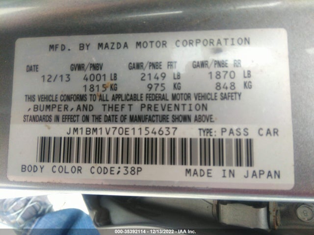 2014 MAZDA MAZDA3 I TOURING VIN: JM1BM1V70E1154637