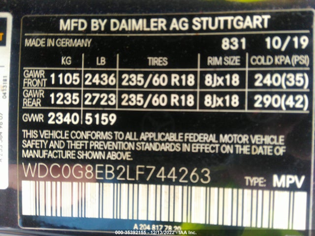 2020 MERCEDES-BENZ GLC GLC 300 VIN: WDC0G8EB2LF744263
