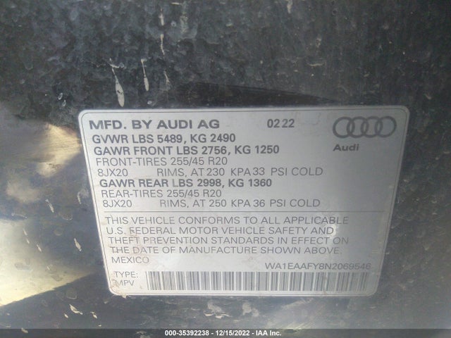 2022 Audi Q5, VIN: WA1EAAFY8N2069546