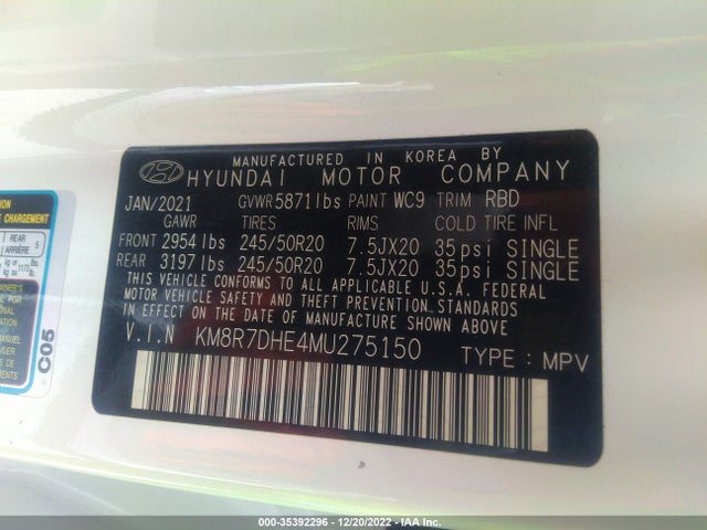 2021 HYUNDAI PALISADE CALLIGRAPHY VIN: KM8R7DHE4MU275150