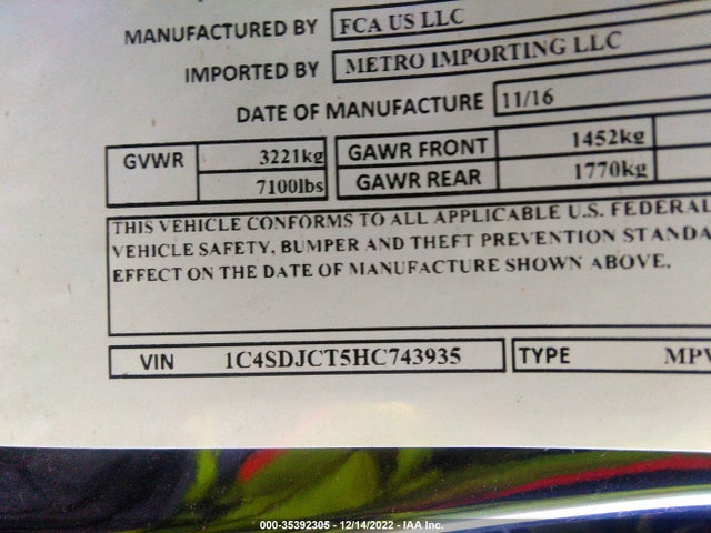 2017 DODGE DURANGO R/T VIN: 1C4SDJCT5HC743935