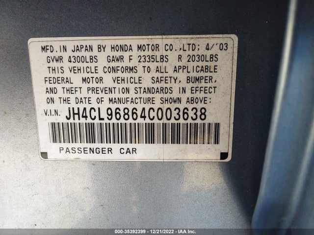 35392399 :رقم المزاد ، JH4CL96864C003638 vin ، 2004 Acura Tsx مزاد بيع