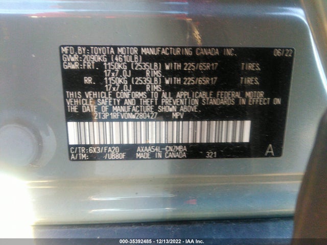 2022 TOYOTA RAV4 XLE VIN: 2T3P1RFV0NW280427