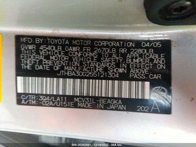 2005 LEXUS ES 330 VIN: JTHBA30G255121304