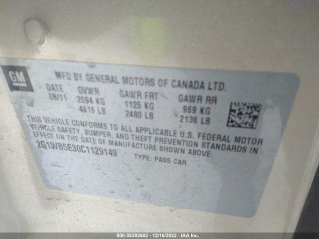 2012 CHEVROLET IMPALA LT RETAIL VIN: 2G1WB5E30C1129149