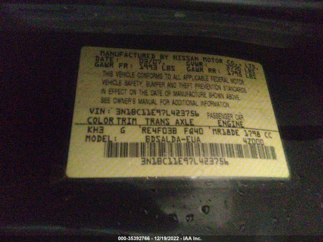 2007 NISSAN VERSA 1.8 S VIN: 3N1BC11E97L423756