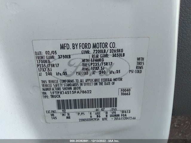 2005 FORD F-150 XLT/FX4/LARIAT/XL VIN: 1FTPX14515FA78622