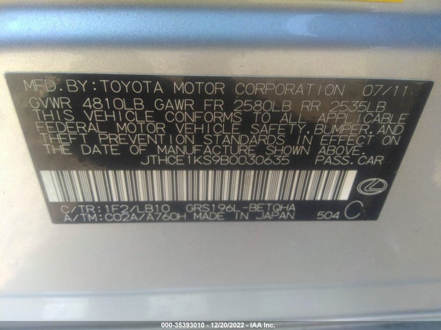 Lexus GS 350 2011 JTHCE1KS9B0030635 Image 11