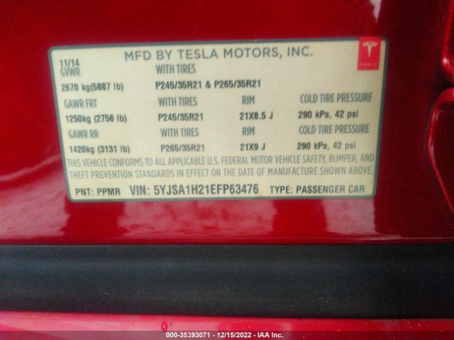 5YJSA1H21EFP63476 Tesla Model S P85d