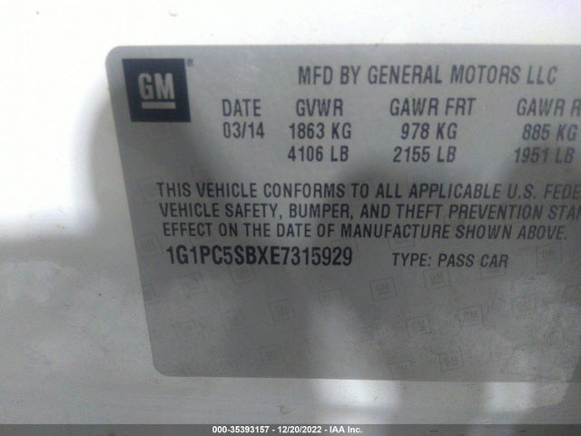 2014 CHEVROLET CRUZE 1LT VIN: 1G1PC5SBXE7315929