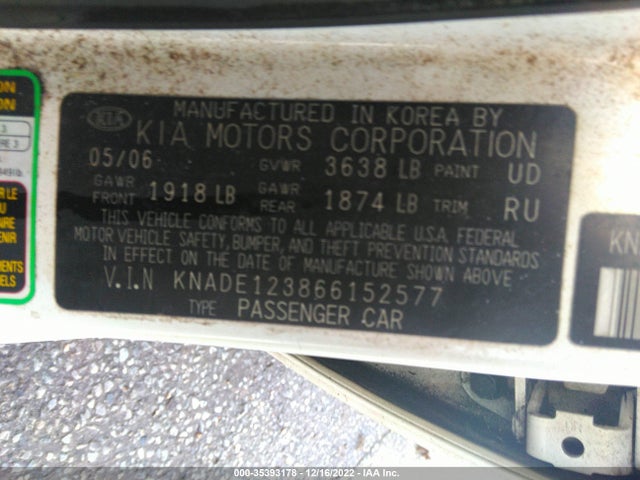 2006 KIA RIO LX VIN: KNADE123866152577