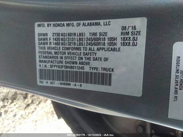 2017 Honda Ridgeline, VIN: 5FPYK3F59HB011245