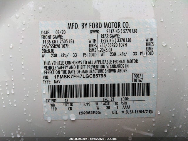 2020 FORD EXPLORER LIMITED VIN: 1FMSK7FH7LGC85795