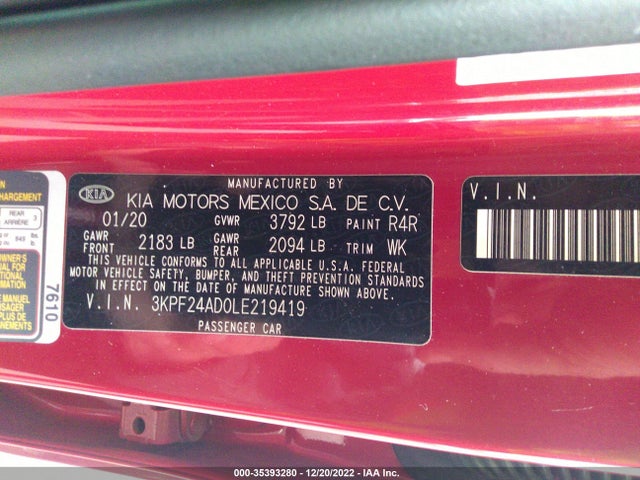 2020 KIA FORTE LXS VIN: 3KPF24AD0LE219419