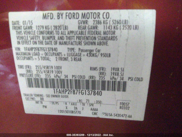 2015 Ford Taurus, VIN: 1FAHP2F87FG137840