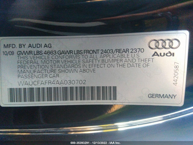 2010 AUDI A5 2.0L PREMIUM VIN: WAUCFAFR4AA030702