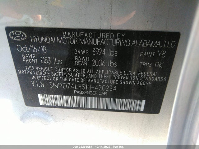 35393657 :رقم المزاد ، 5NPD74LF5KH420234 vin ، 2019 Hyundai Elantra Se مزاد بيع