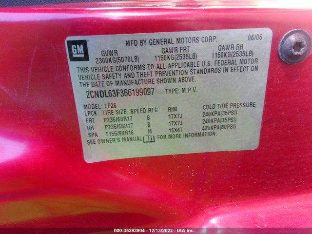 2006 CHEVROLET EQUINOX LT VIN: 2CNDL63F366199097
