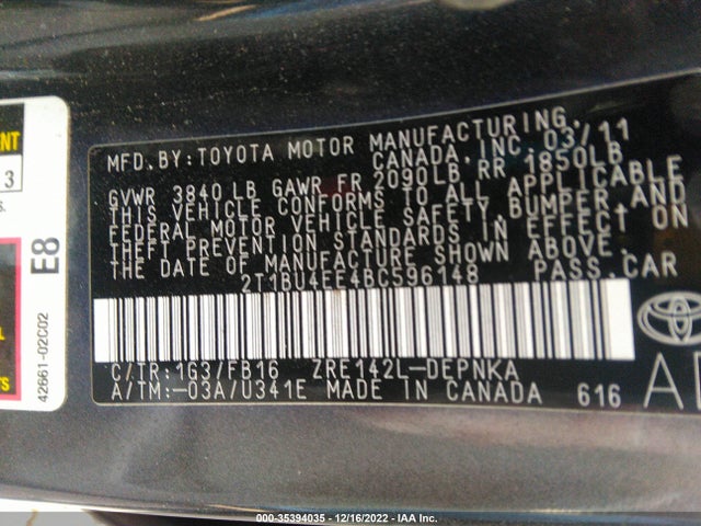 2011 TOYOTA COROLLA L/LE/S VIN: 2T1BU4EE4BC596148