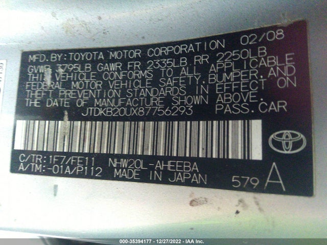 2008 TOYOTA PRIUS VIN: JTDKB20UX87756293