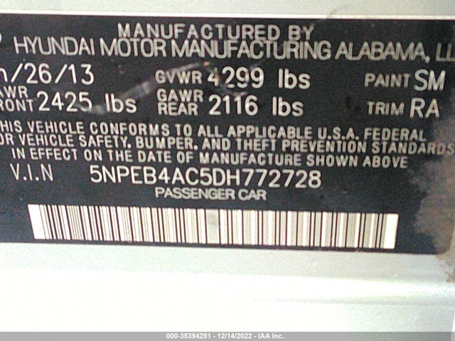 35394281 :رقم المزاد ، 5NPEB4AC5DH772728 vin ، 2013 Hyundai Sonata Gls مزاد بيع