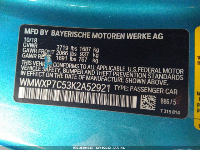 2019 Mini Cooper, VIN: WMWXP7C53K2A52921