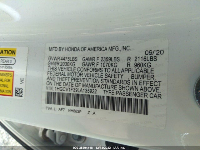 2020 Honda Accord, VIN: 1HGCV1F39LA135922
