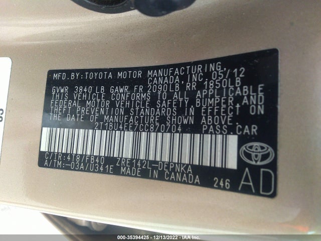 2012 TOYOTA COROLLA L/LE/S VIN: 2T1BU4EE7CC870704