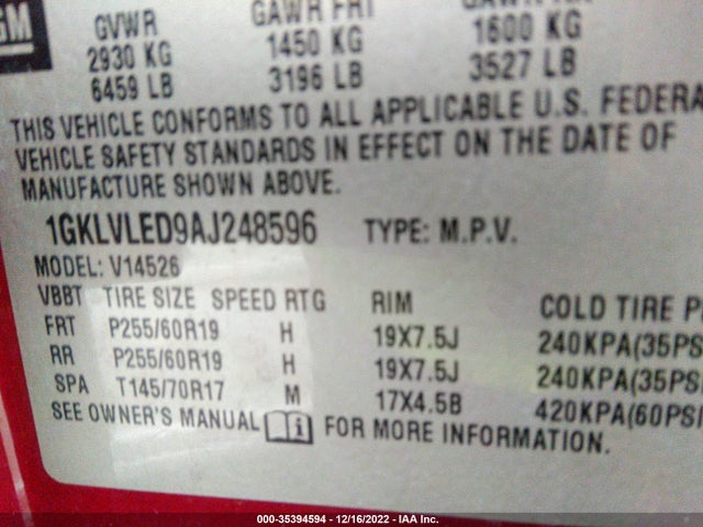 2010 GMC ACADIA SLE VIN: 1GKLVLED9AJ248596