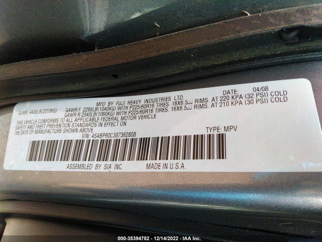 2008 SUBARU OUTBACK VIN: 4S4BP60C387362808