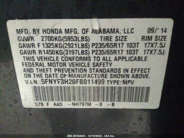 2015 Honda Pilot, VIN: 5FNYF3H20FB011499
