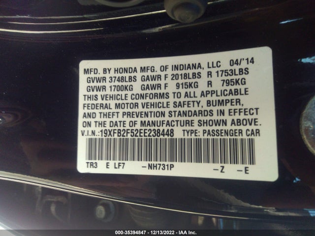 Honda Civic Sedan Lx 2014 19XFB2F52EE238448 Image 10