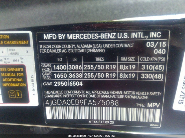 2015 Mercedes-Benz M-Class, VIN: 4JGDA0EB9FA575088