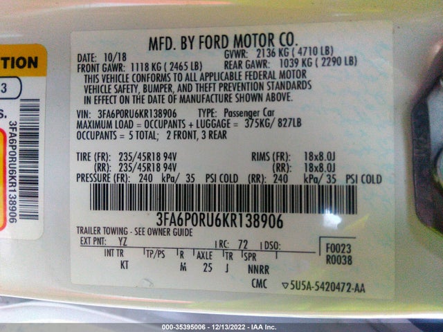 2019 Ford Fusion, VIN: 3FA6P0RU6KR138906