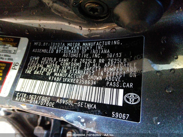 2014 TOYOTA CAMRY L/LE/XLE/SE/SE SPORT VIN: 4T4BF1FKXER358634