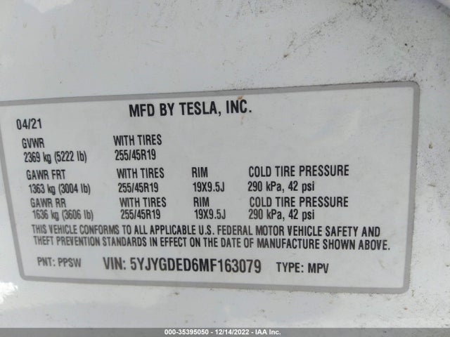 Tesla Model Y 2021 5YJYGDED6MF163079 Image 9