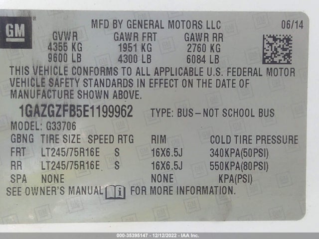 2014 Chevrolet Express, VIN: 1GAZGZFB5E1199962