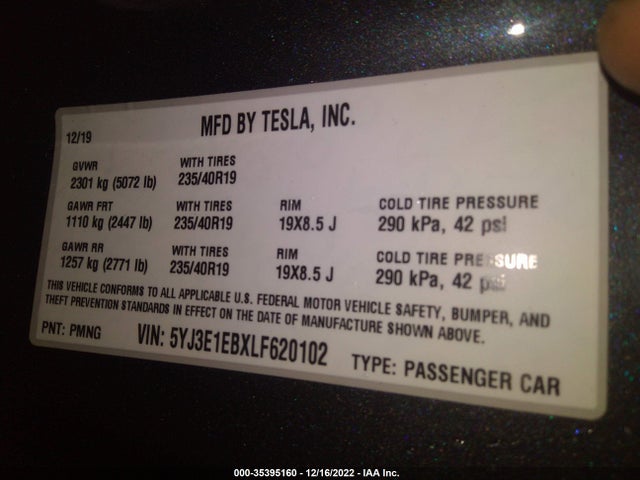 Tesla Model 3 Long Range 2020 5YJ3E1EBXLF620102 Image 10