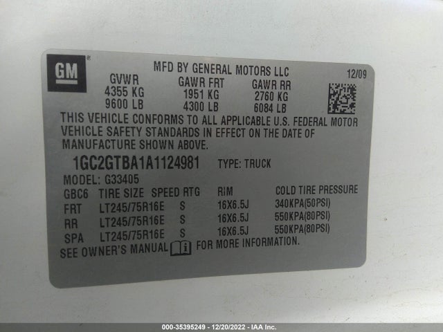 2010 CHEVROLET EXPRESS CARGO VAN VIN: 1GC2GTBA1A1124981