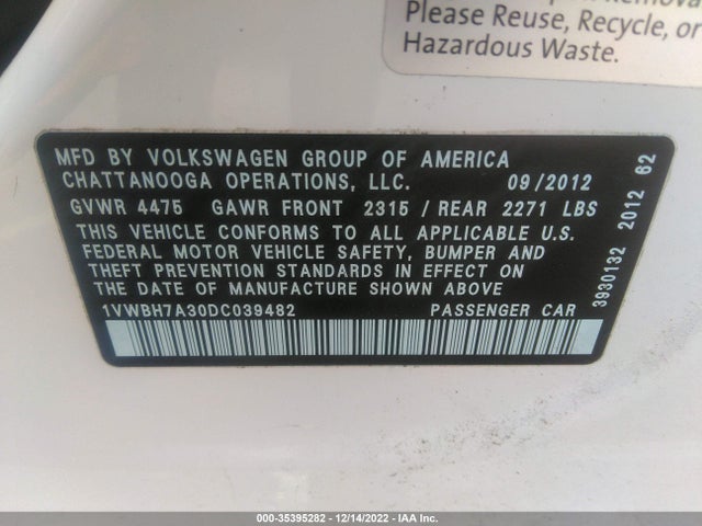 1VWBH7A30DC039482 Volkswagen Passat Se W/sunroof & Nav