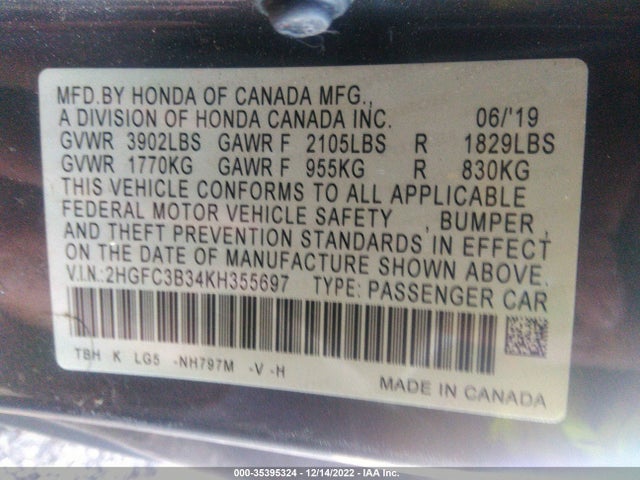 Honda CIVIC COUPE 2019 2HGFC3B34KH355697 Image 9