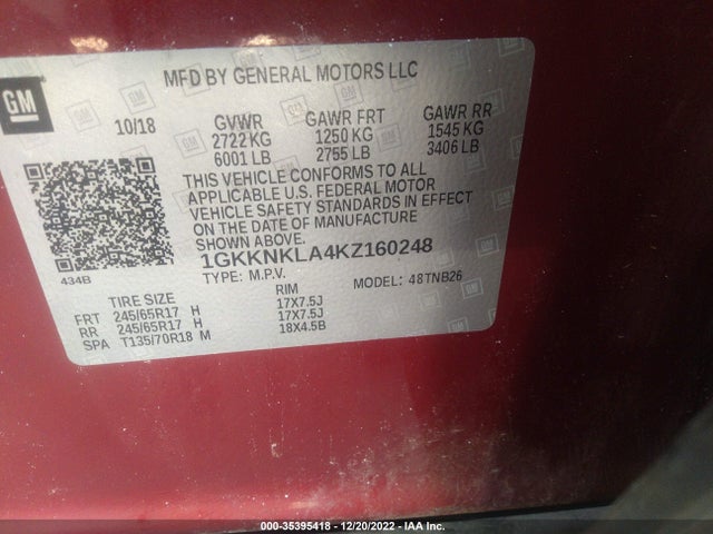 GMC ACADIA SLE 2019 1GKKNKLA4KZ160248 Image 9